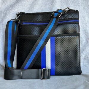 Haute Shore Peyton Electric Crossbody Bag | Black w/ Royal Blue/Silver Stripe